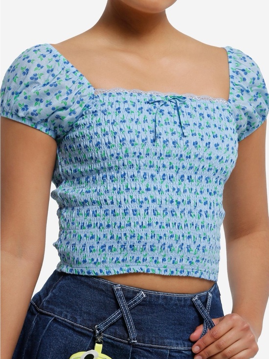 Hot Topic Tops - Hot Topic Light Blue Floral Smocked Crop Top %100 Cotton